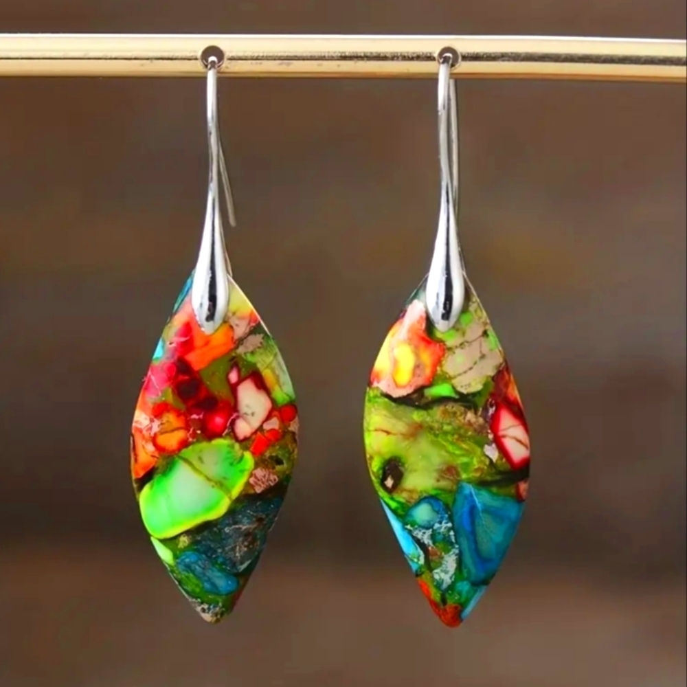 Multicolor Jasper Stone in Stainless Steel Hook Earrings